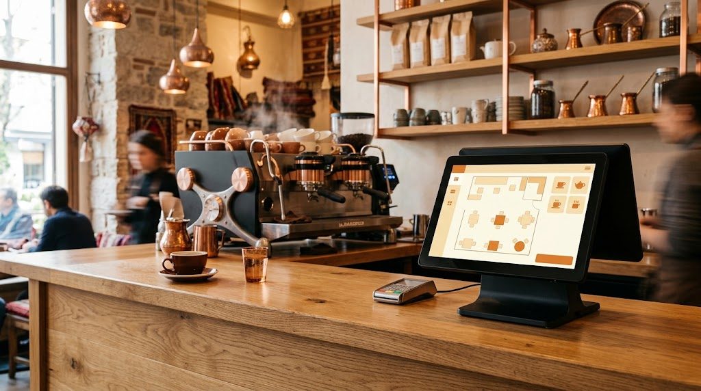 Kafe tezgahında Adist kasa ekranı, masa düzeni görünümü