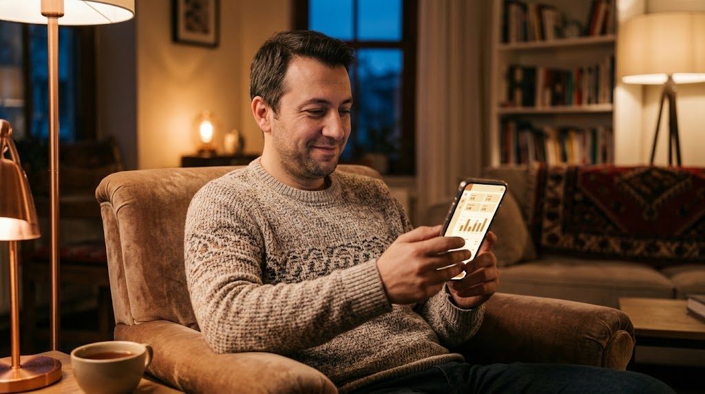 Esnaf evinde koltuğunda telefonundan işletme panelini izliyor