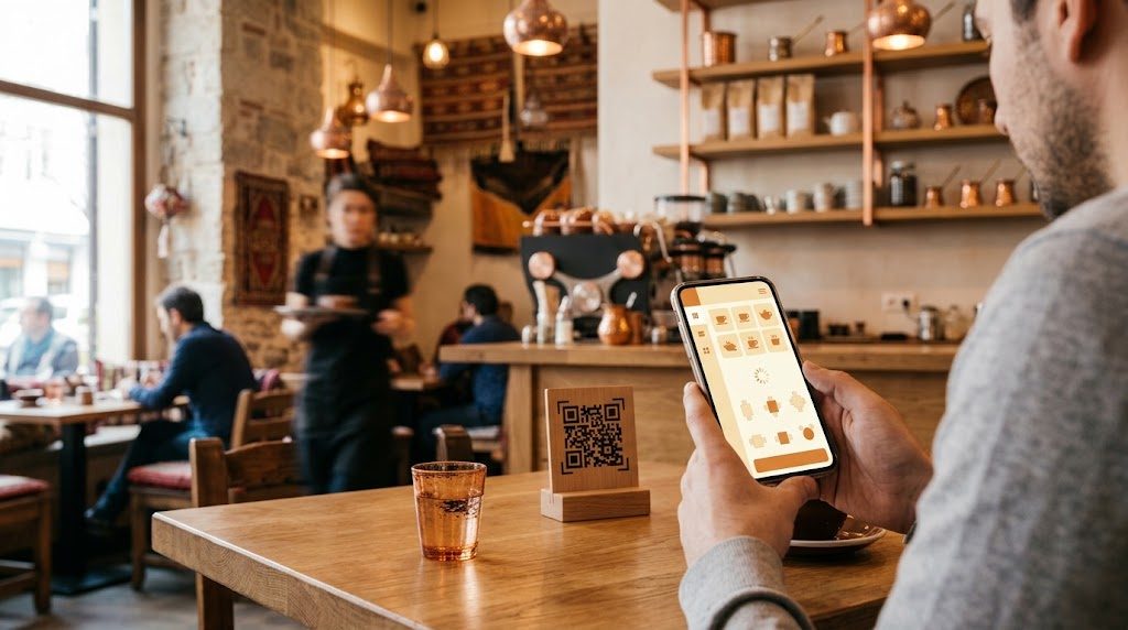 Müşteri masadaki kare kodu telefonuyla okutuyor, ekranda dijital menü
